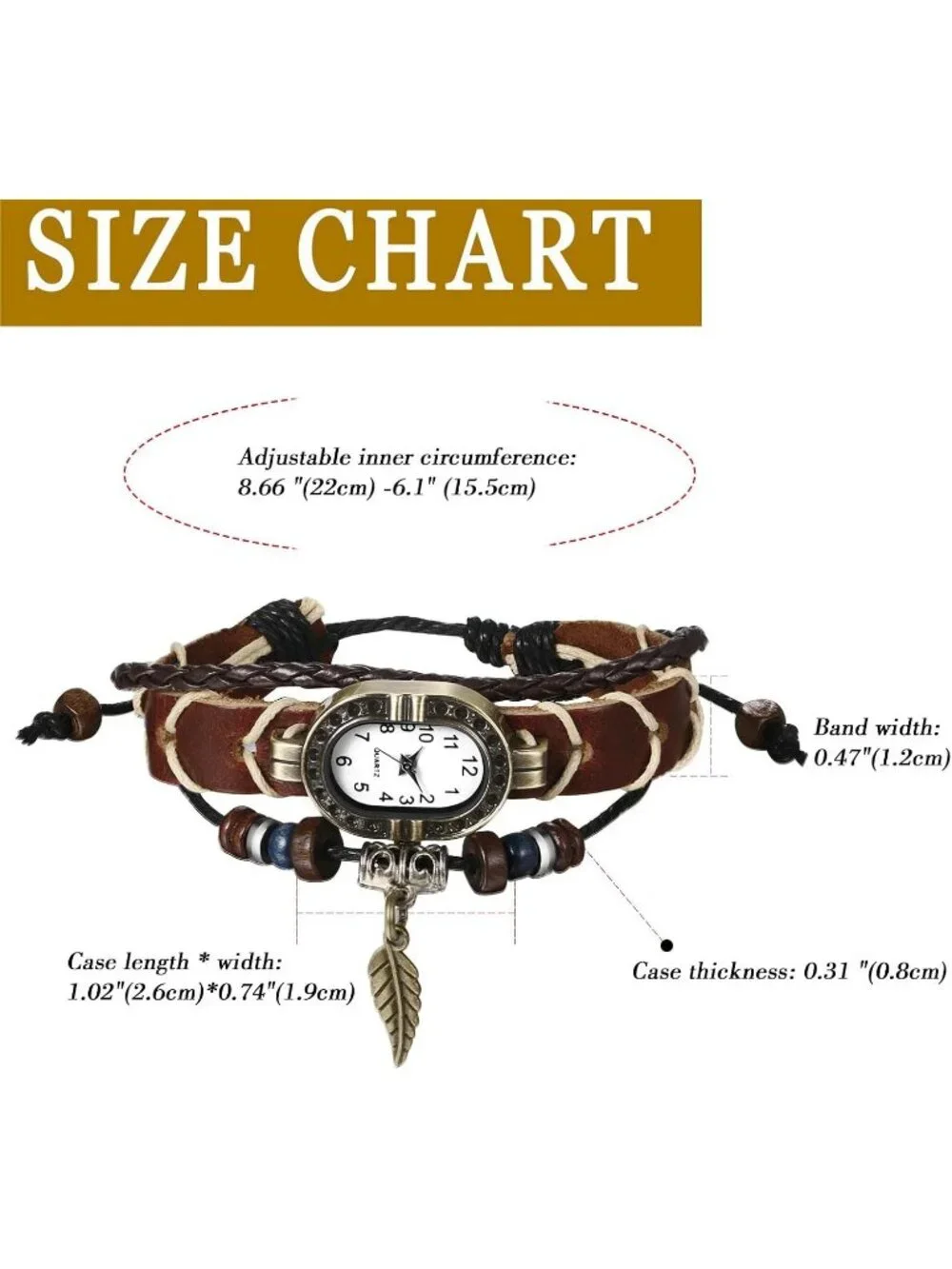 Women's Brown Analog Leaf Oval Case Bracelet Weave Wrap Around Leather Watch - Picture 5 of 6